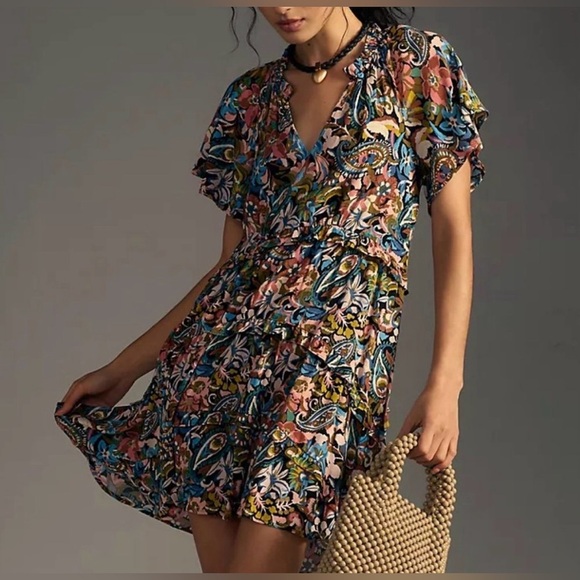 Anthropologie Tops - HTF By Anthropologie Robin Tiered Mini Dress Size M EUC Floral flirty boho